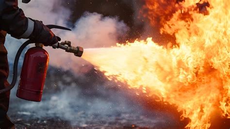 Man Using Fire Extinguisher Fighting Fire Closeup Photo Premium AI