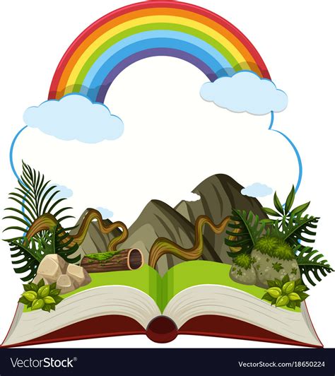 Storybook with mountain and rainbow Royalty Free Vector 