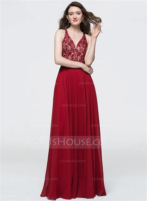 A Line Princess V Neck Floor Length Chiffon Prom Dresses With Sequins