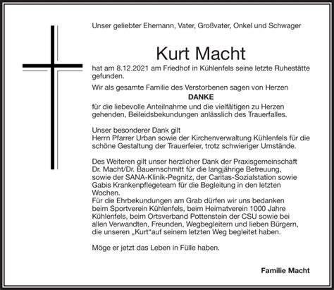 Traueranzeigen Von Kurt Macht Nordbayerischer Kurier