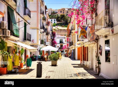 Ibiza Town Street Shops Alley White Buildings Leading To Old Town Stock