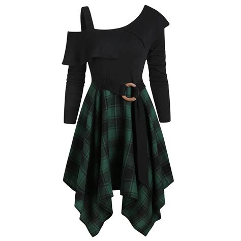 Buy Clothes Womne Plus Size Plaid Skew Neck Belted Handkerchief Dress