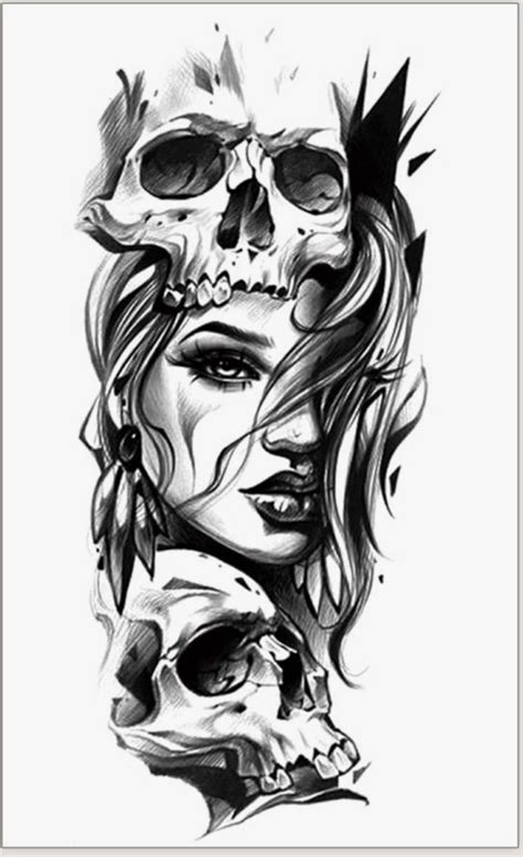 Girl Skull With Roses Drawings