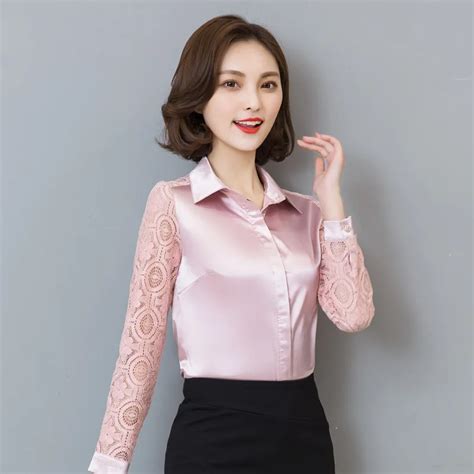 2018 Spring Women Lace Stitching Satin Silk Blouse Blouses Women Plus