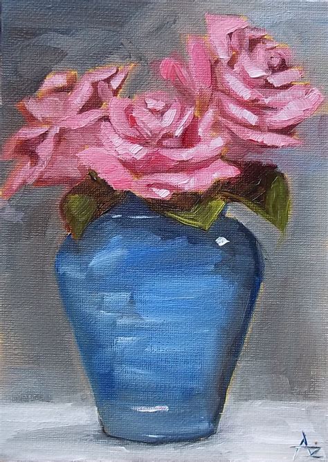 Azra S Painting A Day Pink Roses In Blue Vase