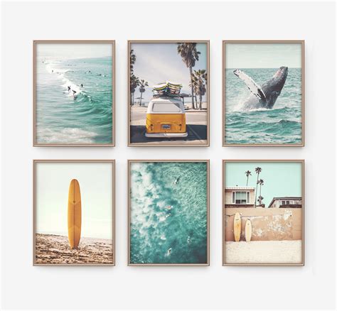 Beach Wall Art Set Of 6 California Surf Art Summer Coastal Etsy