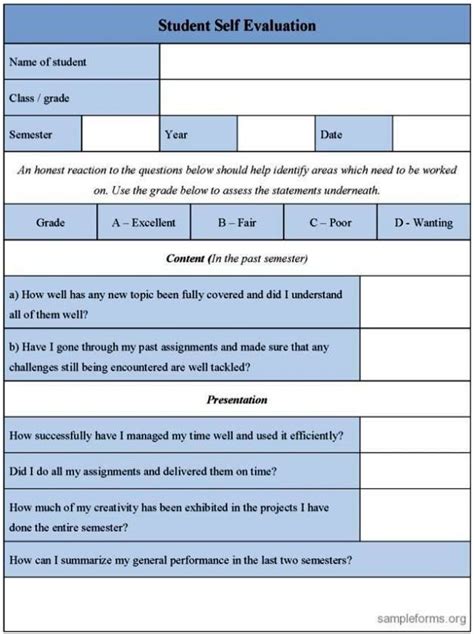 Student Self Assessment Templates Sampletemplatess Sampletemplatess