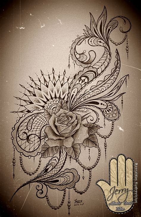 Feminine Rose Mandala Tattoo Idea Design With Lace And Mendi Patterns Thigh Or Side Tattoo By