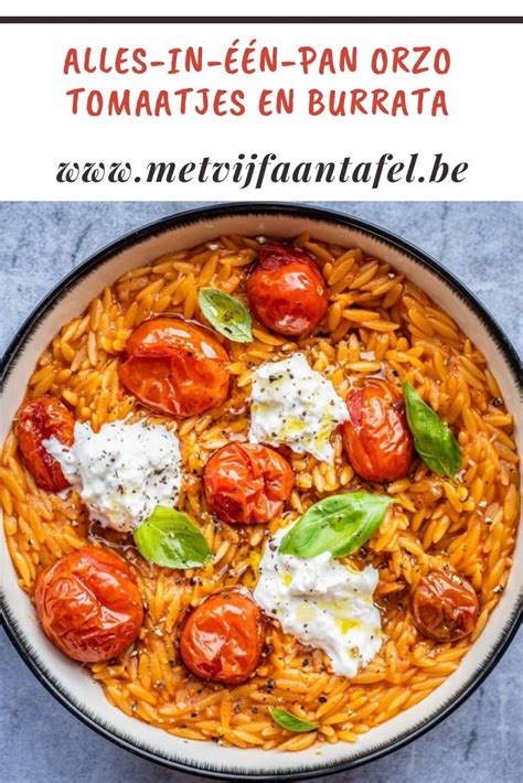 Alles in één pan orzo met geroosterde tomaatjes en burrata Met Vijf