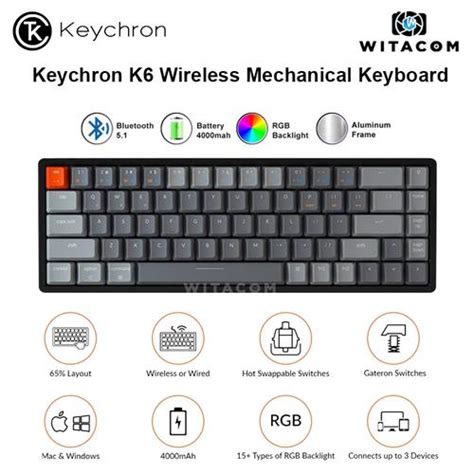 Promo Keychron K6 68 Key Wireless Keyboard RGB Aluminum Frame Hot Swap Brown K6 W3 Cicil 0 3x