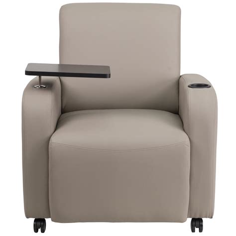 Gray Leathersoft Guest Chair With Tablet Arm Front Wheel Casters And