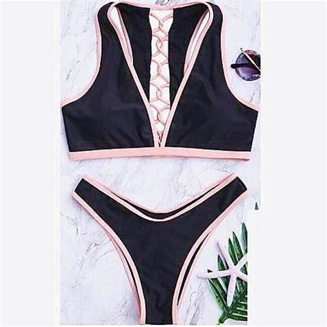 Fashion Black Deep V Neck Edge Pink Back Cross Hollow Two Piece Bikini