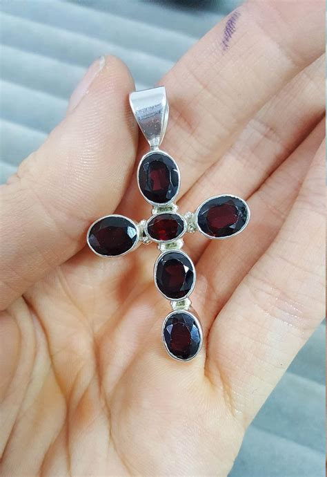 Garnet Cross Sterling Silver 925 Pendant Genuine Garnet Gemstone