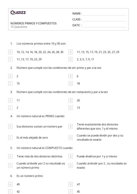 50 Números primos y compuestos hojas de trabajo para Grado 2 en