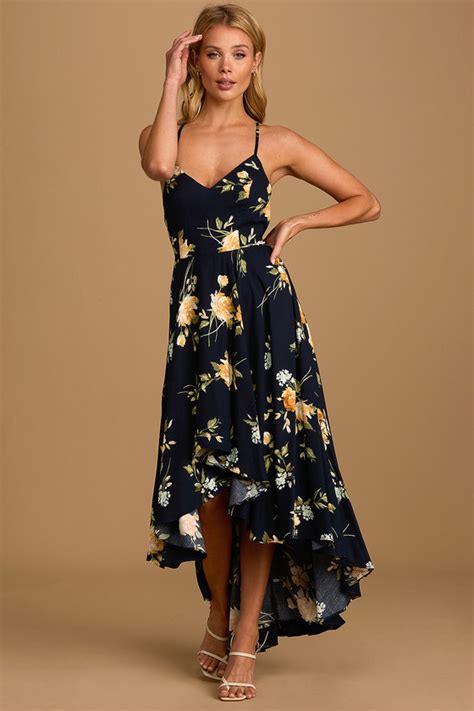 Navy Blue Floral Print Dress High Low Dress Maxi Dress Lulus