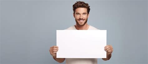 Alegre Homem Segurando Cartaz Em Branco Isolado Em Fundo Cinza Foto