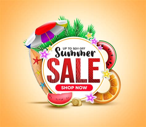 Summer sale vector banner template. Summer sale shop now text with