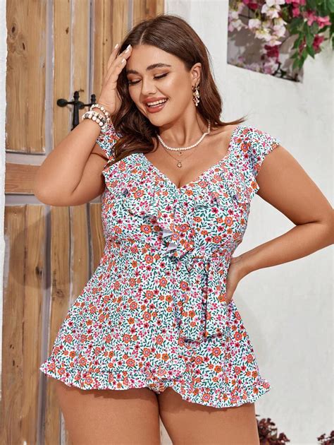 SHEIN Swim Curve Summer Beach Plus Size Small Flower Print Halter Neck