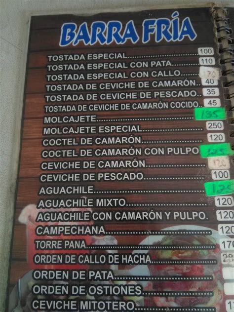 Carta del restaurante Mariscos EL PANA Culiacán Rosales