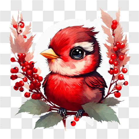 Download Beautiful Red Bird Resting On Berries And Branches Png Online Creative Fabrica