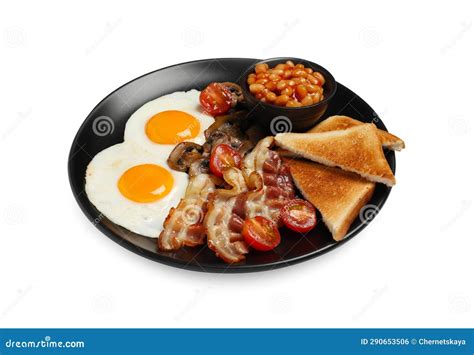 Plate with Fried Eggs, Mushrooms, Beans, Bacon, Tomatoes and Toasted ...