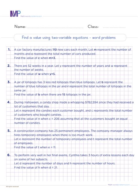 Two Variable Equations Worksheet