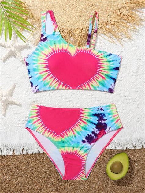 Tween Girl Tie Dye Heart Print Asymmetrical Neck Bikini Set Summer