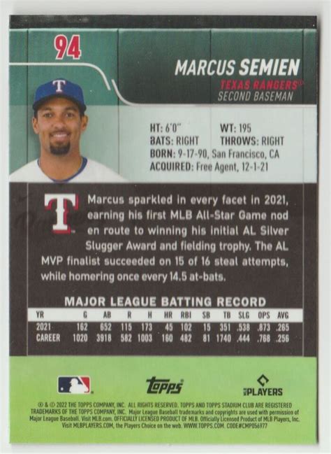 Topps Stadium Club Marcus Semien Baseball Card Texas Rangers