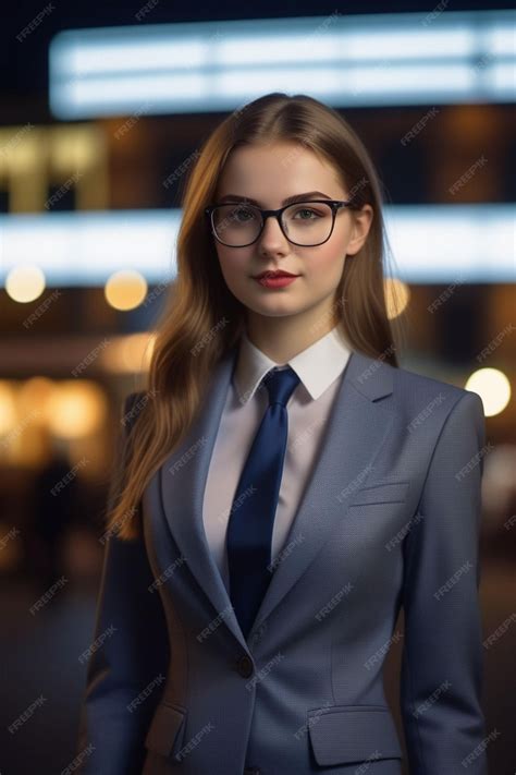 Premium Photo A Pretty European Girl In A Suit And Glasses On The Night Background