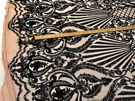 Black Damask Sequin Design On A Way Stretch Nude Mesh Dresses Prom