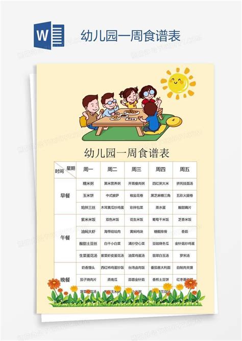 幼儿园一周食谱表word模板下载编号wwmkavrj熊猫办公