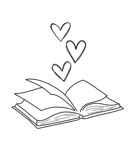 Line Art Drawing Of An Open Book With Hearts