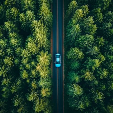 Aerial View Blue Car Driving Down An Asphalt Road Crossing Vast Forest