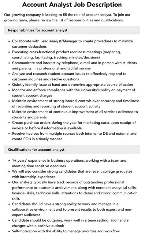 Account Analyst Job Description Velvet Jobs