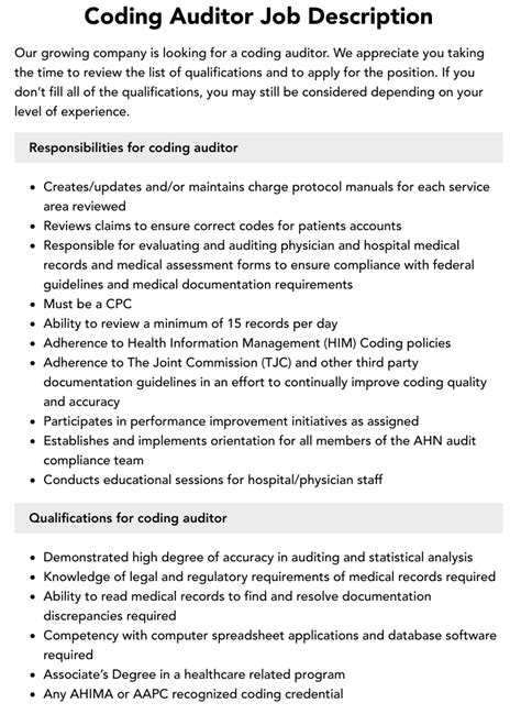 Coding Auditor Job Description Velvet Jobs