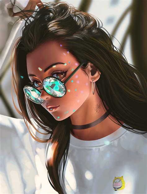 Artwork Digital Art Yellow Lemon Cat Face Women With Glasses Fantasy