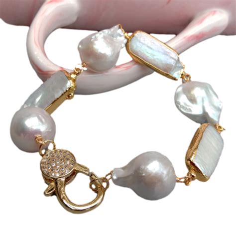 Cultured White Rectangle Pearl Keshi Pearl Bracelet Cz Pave Lobster