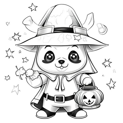 Coloring Book With A Cute Panda Using Costume Witch Halloween Panda