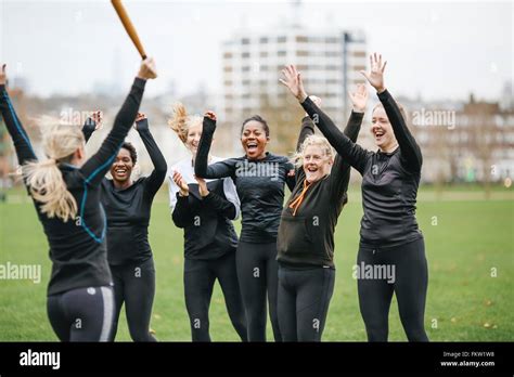 Female Rounders Team Celebrating At Rounders Match Stock Photo Alamy