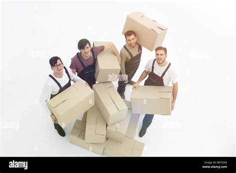 Delivery Men With Cardboard Boxes On White Background Stock Photo Alamy