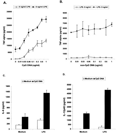 Synergistic production of TNF α IL 6 and IL 12 by CpG DNA and LPS in