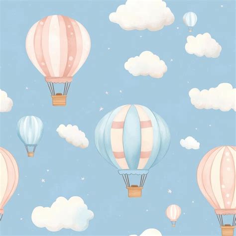 Cute Watercolor Hot Air Balloons And Clouds Seamless Pattern Premium