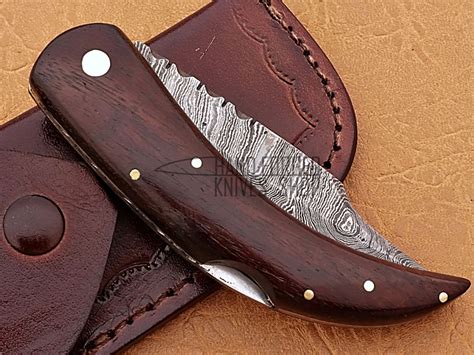 Damascus Folding Knife, 7.5" Brass Work On The Handle, Wood Handle