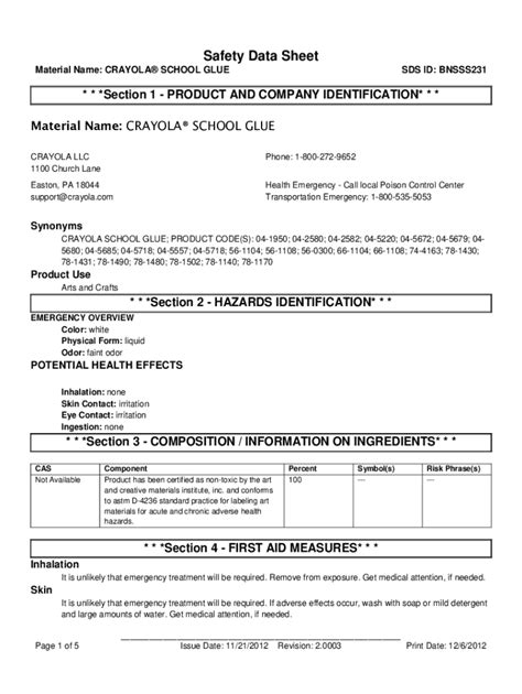 Fillable Online Page 1 Of 5 MSDS For 23830 CRAYOLA SCHOOL GLUE Fax