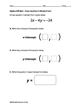 Algebra Eoc Quiz Linear Equations In Standard Form Bundle Tpt