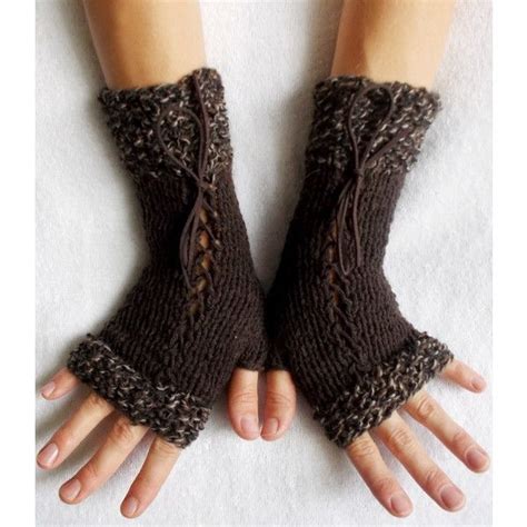 Knit Wrist Warmers Corset Fingerless Glove In Dark Brown With Suede