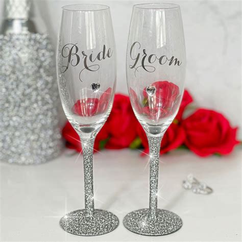 Lemonade Glitter Stem Bride And Groom Champagne Glasses Set Of 2 Shop