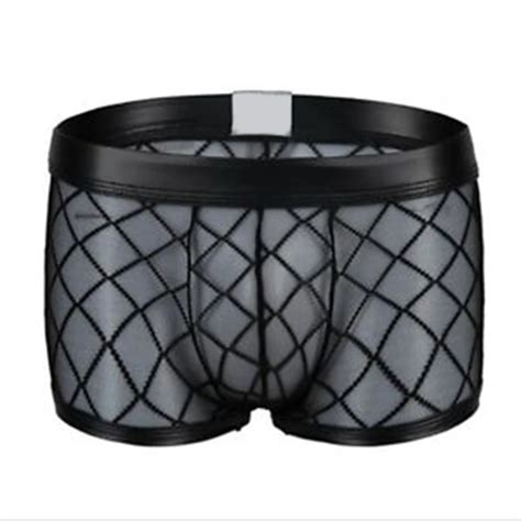 Men Transparent Boxers Shorts Sexy Hot Erotic Hollow Design U Convex Underpants Trousers Mesh In