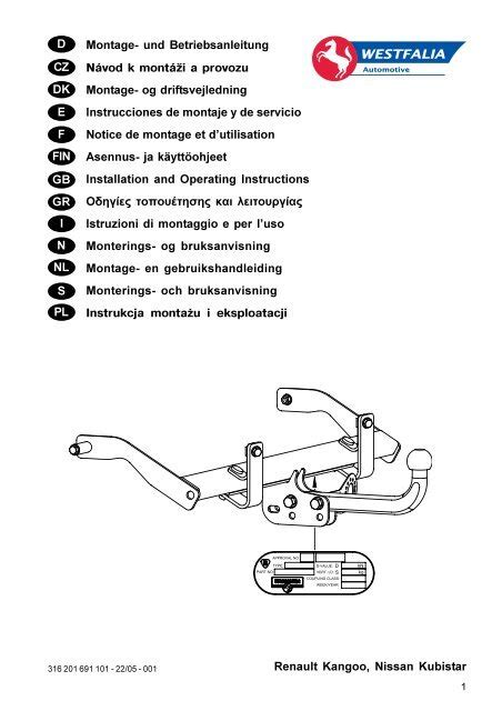 Renault Kangoo Nissan Kubistar D Montage Und Betriebsanleitung