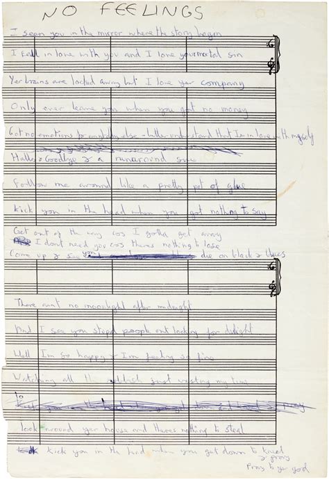 Johnny Rotten No Feelings Autograph Manuscript Lyrics 1976 The Sex Pistols The Stolper